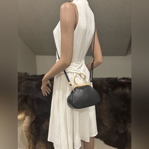 Black Genuine Pebble Leather Handmade Vintage Style Kiss-lock Wristlet/Crossbody - Picture 6 of 12
